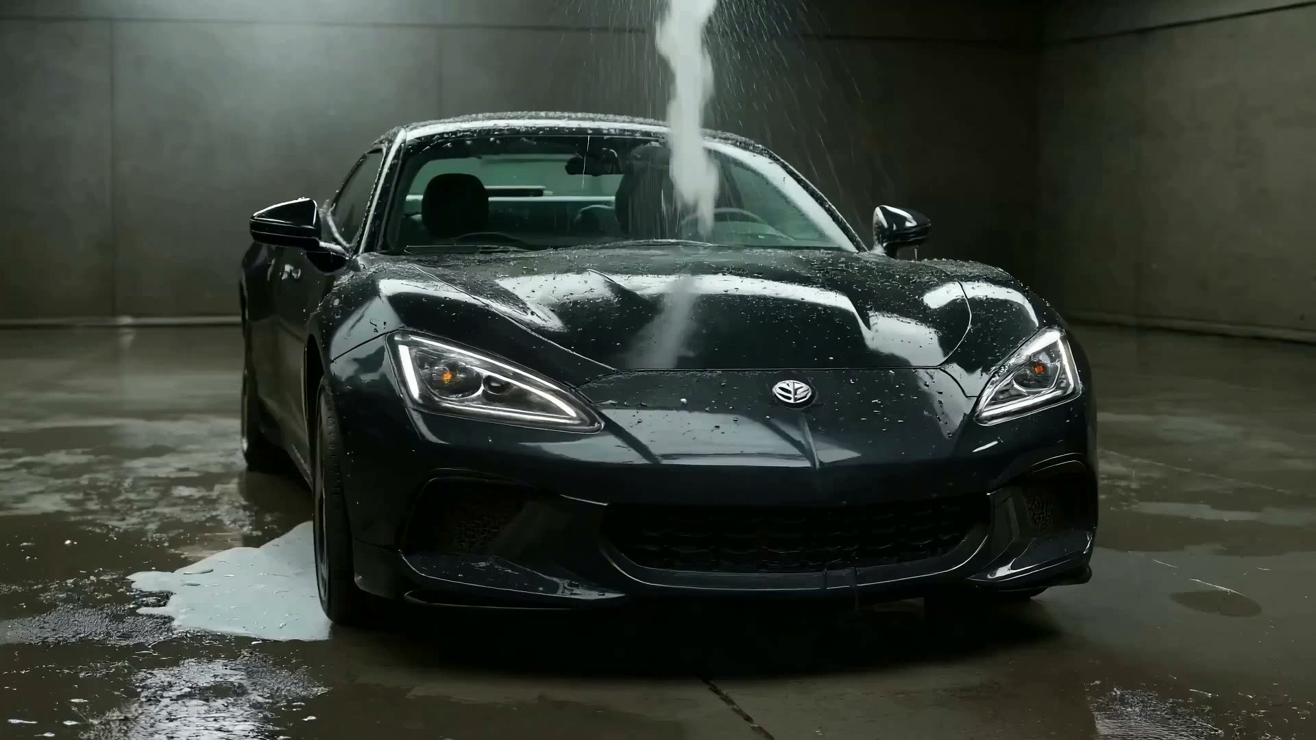Black coupé in the studio after paint correction — deep gloss, sharp reflections